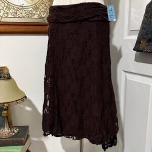NWT VTG Y2K Max Studio Dark Coffee Brown Floral Lace Shark Bite Hem Mini Skirt L